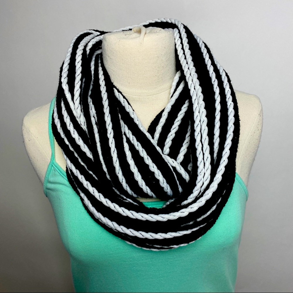 infinity scarf black and white, interesting texture, thick, soft 60" x 8"